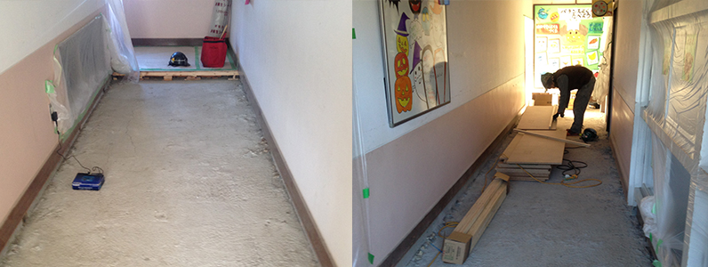 保育園床改修工事、置床・乾式二重床、複合フローリング釘打ち施工前