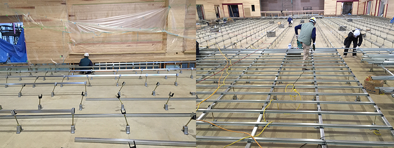 体育館床改修工事、組床式鋼製床下地支持脚設置後大引きネダ配置