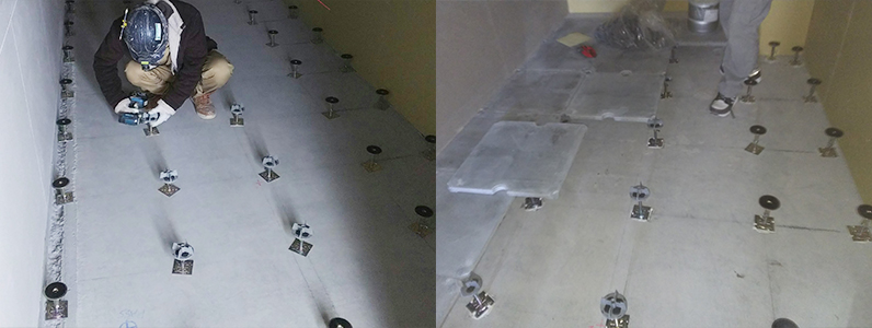 高等学校新築工事、置床・乾式二重床及びOAフロア支持脚設置施工