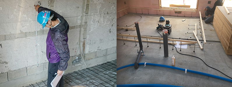 置床・乾式二重床、フローリング施工前、使用支持脚確認及び際根太設置