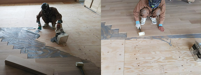 針葉樹合板捨て貼り及びフローリング直貼り施工事例|シンプルなフォルムでありながら木目が美しい天然木の床材を使用
